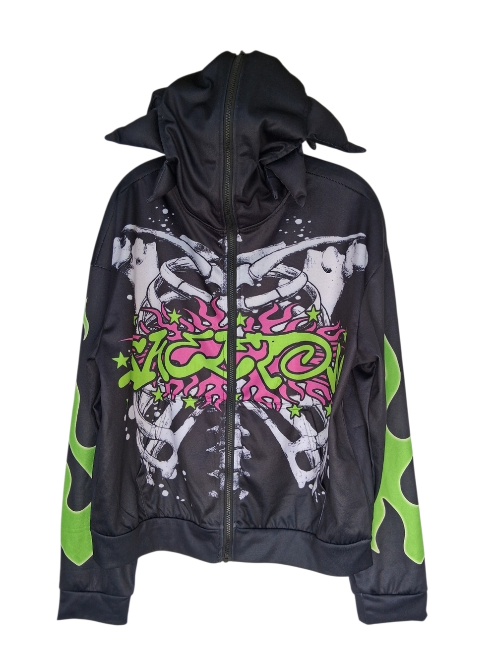 Romwe Black Spike Hooded Full Zip-Up Jacket Skeleton Graphic Print Men's Size S - Picture 3 of 10